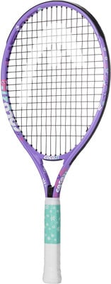 Lila Tennisschläger mit weißem und türkisfarbenem Griff und Blumenmuster. Lila Tennisschläger mit weißem und türkisfarbenem Griff und Blumenmuster.