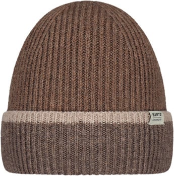Braune Strickmütze mit beige Streifen und Barts-Logo.