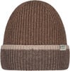 Braune Strickmütze mit beige Streifen und Barts-Logo.