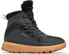 Schwarze wasserdichte Columbia Winterstiefel mit brauner Sohle und Pelzkragen.