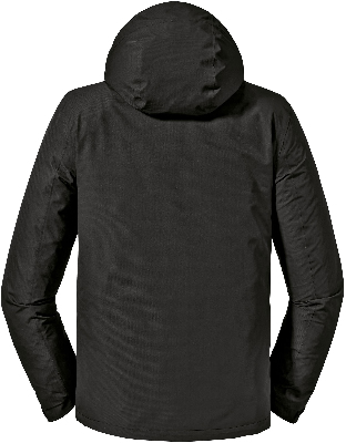 Rückansicht einer schwarzen Kapuzenjacke aus strukturiertem Stoff. Rückansicht einer schwarzen Kapuzenjacke aus strukturiertem Stoff.