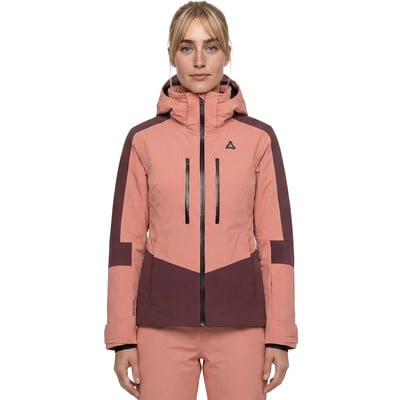 Damen-Skijacke in Rosa mit dunkelweinroten Details und Logo. Damen-Skijacke in Rosa mit dunkelweinroten Details und Logo.