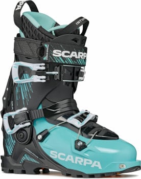Ein türkiser Scarpa Gea Skischuh mit schwarzen Akzenten.