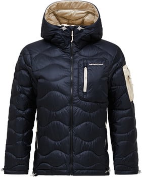Dunkelblaue Daunenjacke mit beigem Futter und Peak Performance Logo.