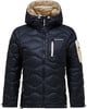 Dunkelblaue Daunenjacke mit beigem Futter und Peak Performance Logo.