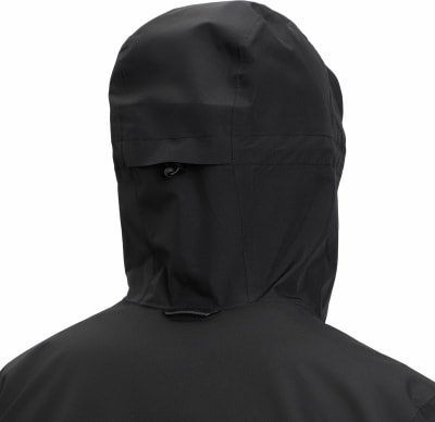 Rückansicht einer schwarzen Kapuzenjacke mit Kordelzug. Rückansicht einer schwarzen Kapuzenjacke mit Kordelzug.