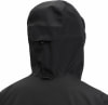 Rückansicht einer schwarzen Kapuzenjacke mit Kordelzug.