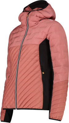 Rosa Daunenjacke mit schwarzen Seitenteilen und Kapuze.