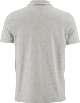 Rückansicht eines grauen kurzärmeligen Poloshirts. Rückansicht eines grauen kurzärmeligen Poloshirts.