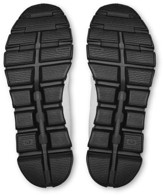Blick auf die Sohlen zweier weißer Laufschuhe mit schwarzer Außensohle. Blick auf die Sohlen zweier weißer Laufschuhe mit schwarzer Außensohle.