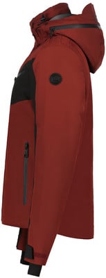 Rote Herrenjacke mit schwarzen Elementen und Kapuze, Reißverschluss.