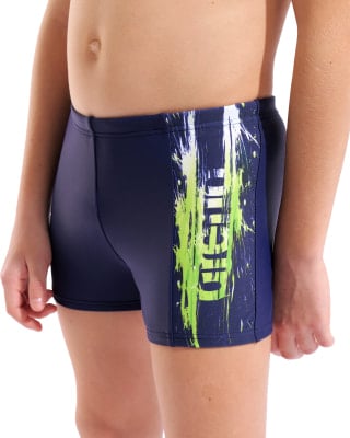 Dunkelblaue Jungenbadehose mit neongrünen Aufdruck. Dunkelblaue Jungenbadehose mit neongrünen Aufdruck.