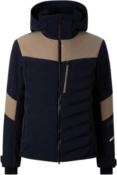 Dunkelblaue Daunenjacke mit beige Einsätzen und Reißverschlüssen.