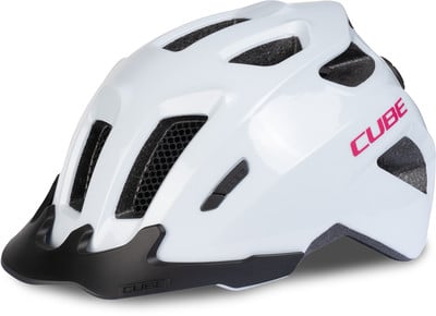 Weißer Fahrradhelm mit pinkem CUBE-Logo und schwarzem Schild. Weißer Fahrradhelm mit pinkem CUBE-Logo und schwarzem Schild.