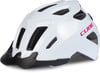 Weißer Fahrradhelm mit pinkem CUBE-Logo und schwarzem Schild.