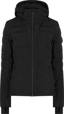 Schwarze Damen-Skijacke mit Kapuze und gestepptem Design.