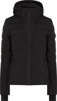 Schwarze Damen-Skijacke mit Kapuze und gestepptem Design.