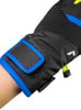 Schwarze Handschuhe mit blauem Rand und verstellbarem Handgelenkband.