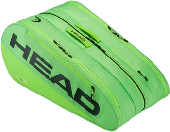 Grüne HEAD Tennistasche mit großem Logo und mehreren Reißverschlüssen.