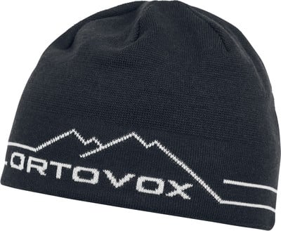 Dunkelgraue Strickmütze mit weißem Bergmotiv und ORTOVOX-Schriftzug.