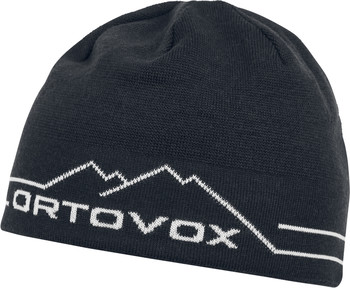 Dunkelgraue Strickmütze mit weißem Bergmotiv und ORTOVOX-Schriftzug.