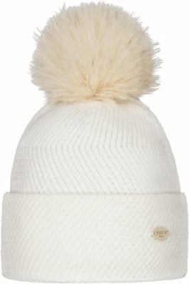 Weiße Strickmütze mit Kunstfellbommel und dezentem Markenlogo. Weiße Strickmütze mit Kunstfellbommel und dezentem Markenlogo.