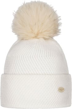 Weiße Strickmütze mit Kunstfellbommel und dezentem Markenlogo.