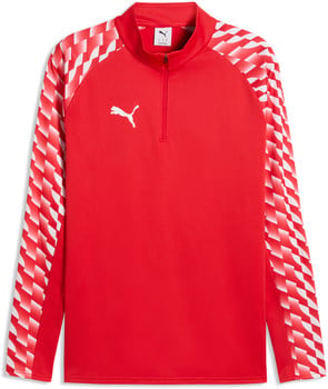 Rotes Puma-Oberteil mit weißem Logo und gemusterten Ärmeln.