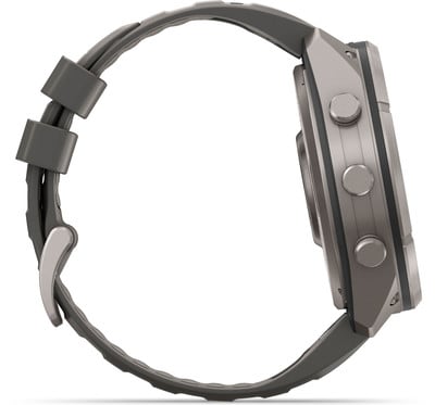 Seitenansicht einer dunkelgrauen Smartwatch mit seitlichen Tasten.