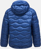 Blaue Daunenjacke mit Kapuze und Wellensteppung.