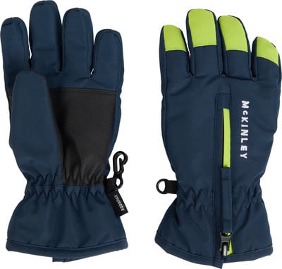 Blaue McKinley-Winterhandschuhe mit neongrünen Fingerspitzen und Reißverschluss. Blaue McKinley-Winterhandschuhe mit neongrünen Fingerspitzen und Reißverschluss.