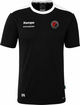 Schwarzes T-Shirt mit weißen Schultern und Kempa-Logo.