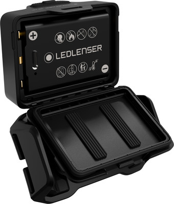 Offener schwarzer Batteriehalter mit Batterie und Symbolen. Offener schwarzer Batteriehalter mit Batterie und Symbolen.
