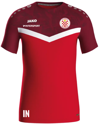 Rotes Trikot mit weißem Streifen und Vereinslogo, mit Aufschrift IN.