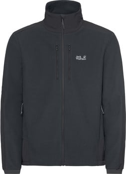 Herren dunkelgraue Fleecejacke von Jack Wolfskin mit hohem Kragen und zwei Taschen.