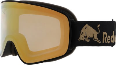 Eine Skibrille von Red Bull mit goldenem Logo und verspiegelten Gläsern. Eine Skibrille von Red Bull mit goldenem Logo und verspiegelten Gläsern.