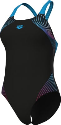 Schwarzer Damen-Badeanzug von Arena mit blauen und violetten Streifen. Schwarzer Damen-Badeanzug von Arena mit blauen und violetten Streifen.