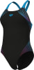 Schwarzer Damen-Badeanzug von Arena mit blauen und violetten Streifen.