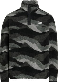 Grauer Fleece-Pullover mit Camouflage-Muster und Druckknopfleiste.