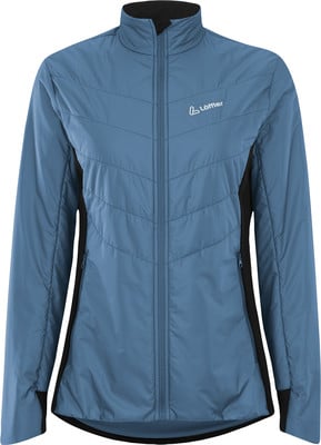Blaue Jacke mit gesteppter Vorderseite und schwarzen Seitenteilen.