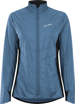 Blaue Jacke mit gesteppter Vorderseite und schwarzen Seitenteilen.