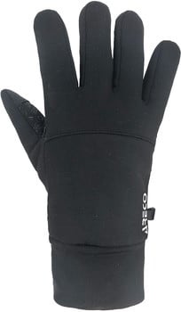 Schwarze Handschuhe mit ARECO-Logo am Handgelenk, mit elastischem Bund.
