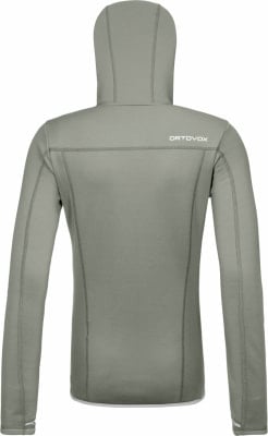 Rückansicht eines grauen Kapuzenpullovers mit ORTOVOX-Logo. Rückansicht eines grauen Kapuzenpullovers mit ORTOVOX-Logo.