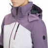 Damen-Winterjacke in Lila und Weiß mit Kapuze und schwarzen Details.