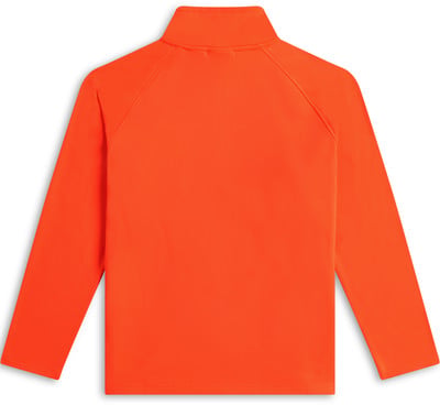 Ein orangefarbener Pullover mit langen Ärmeln und einem Stehkragen mit Reißverschluss. Ein orangefarbener Pullover mit langen Ärmeln und einem Stehkragen mit Reißverschluss.