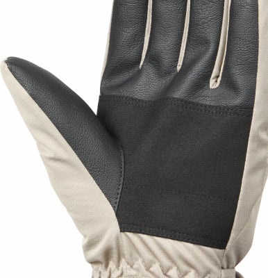 Detail eines Handschuhs mit schwarzen Leder- und Stoffpaneelen.