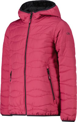 Eine rosafarbene Steppjacke mit Kapuze und schwarzem Innenfutter. Eine rosafarbene Steppjacke mit Kapuze und schwarzem Innenfutter.