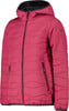 Eine rosafarbene Steppjacke mit Kapuze und schwarzem Innenfutter.