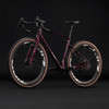 Ein pinkes Gravelbike mit schwarzen Details und braunen Felgen vor schwarzem Hintergrund.