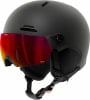 Schwarzer Alpina-Skihelm mit rotem Visier und verstellbaren Riemen.
